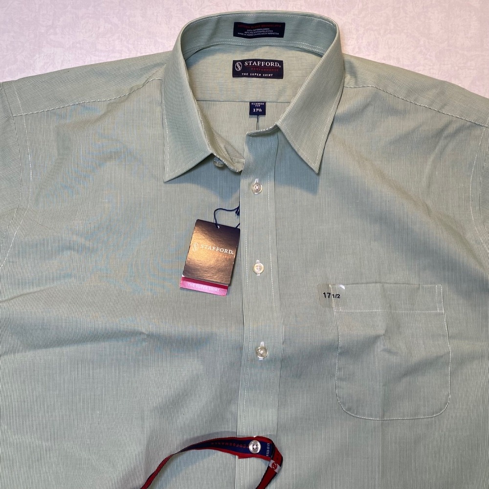 Stafford Performance Super Shirt Mens 17.5 Green White Stripe Classic Fit NWT - Picture 2 of 10